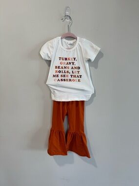 NEW Girls White Graphic Tee & Orange Bell Bottom Pants Set